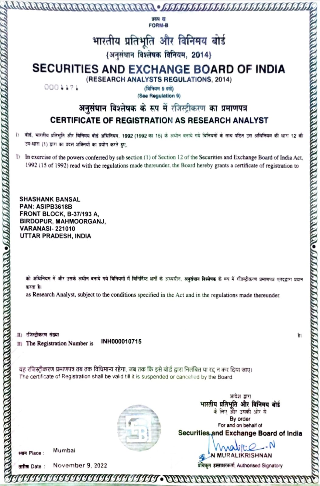 SEBI Research Analyst Registration Certificate – INH000010715